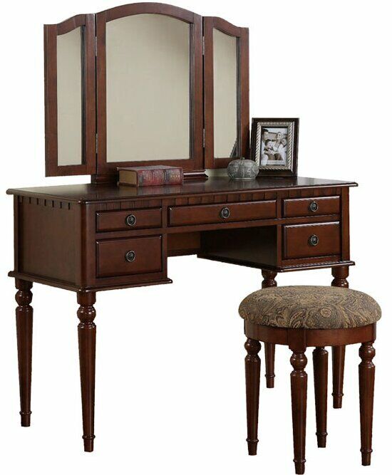 Great Choice Products Cherry 3 Pc Vanity Set Tri Mirror Wooden Table Stool Makeup Drawer Bedroom Desk