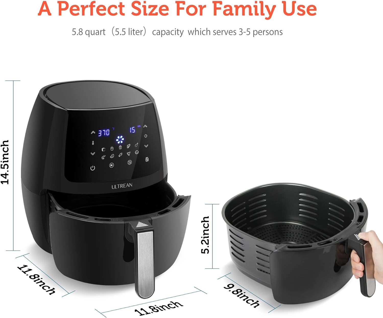 ULTREAN 5.8 Quart Air Fryer, Electric Hot Air Fryers Oilless Cooker with 10 Presets, Digital LCD Touch Screen, Nonstick Basket,