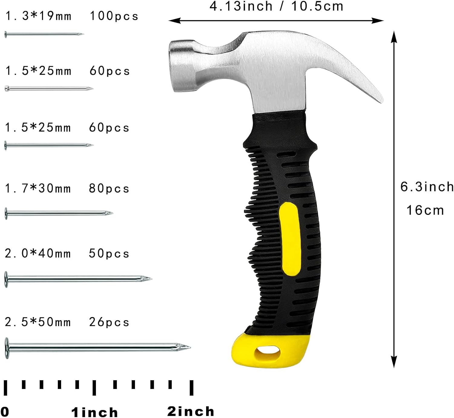Cerpourt 376pcs Hardware Nails Assortment Kit and 8oz Small Claw Hammer,Mini Hammer with Anti-Slip Handle,Nails for Hanging Pictures,Max