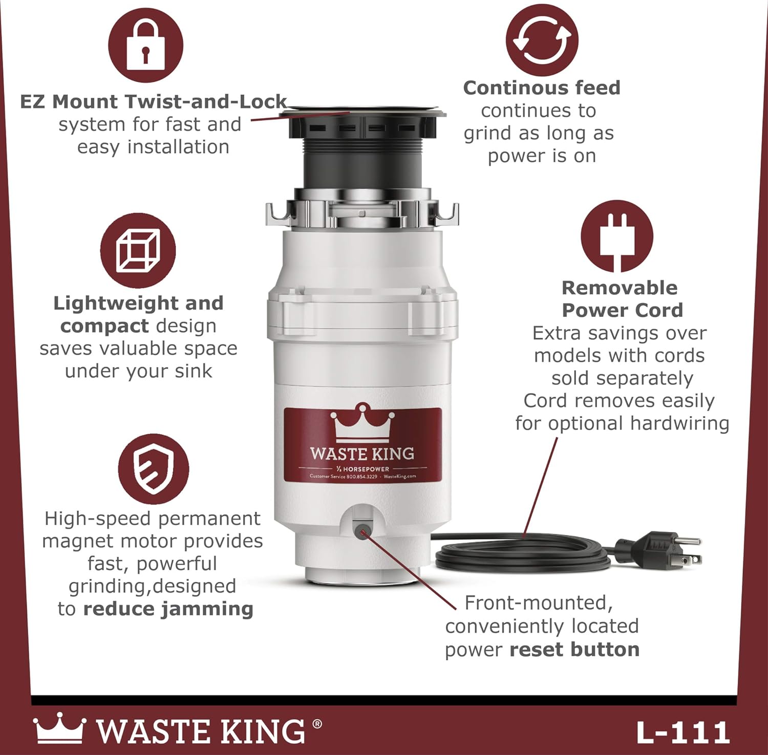 Waste King L-111 Garbage Disposal with Power Cord, 1/3 HP , Gray
