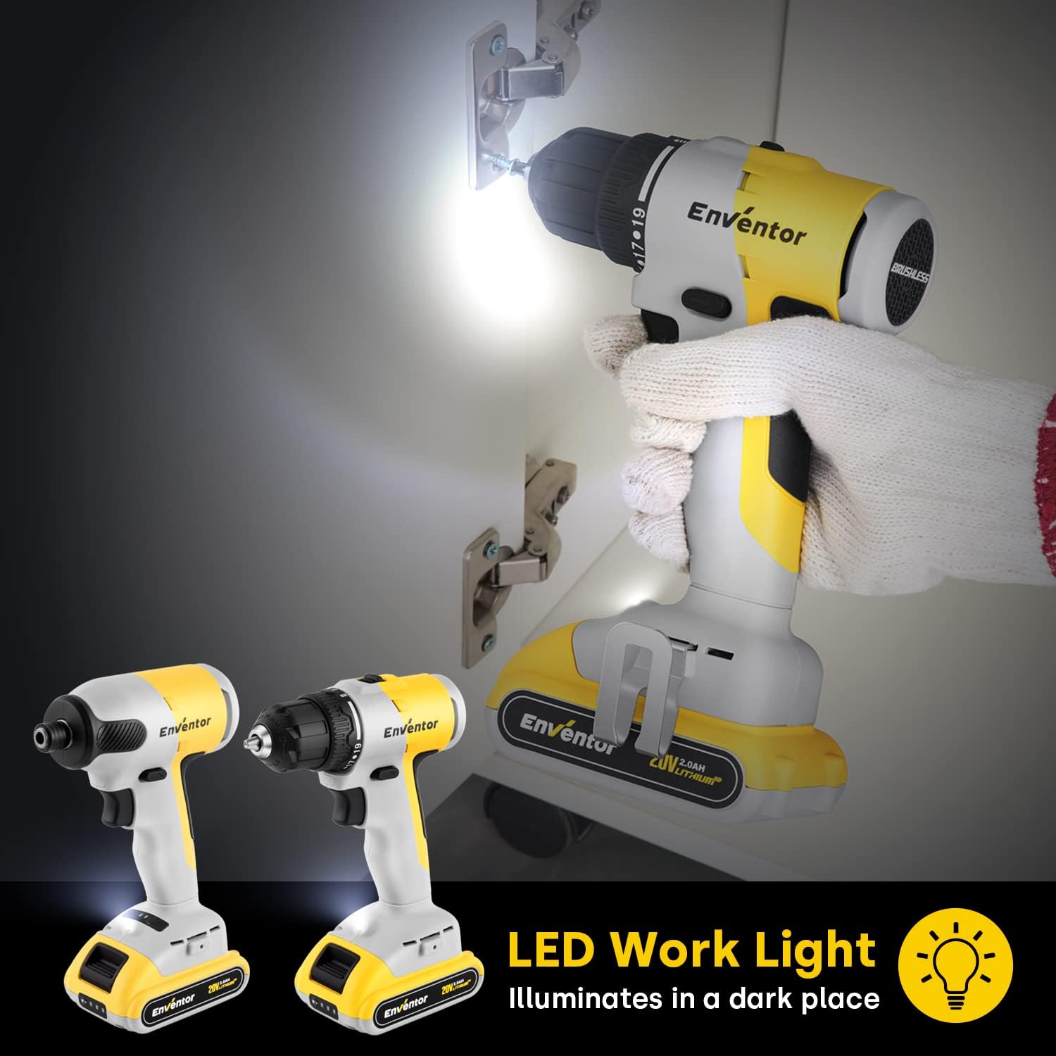 Enventor Cordless Drill Combo Kit, ENVENTOR 20V Drill Driver and Impact Driver, Brushless Cordless Power Tool Set with LED Lights, Inclu