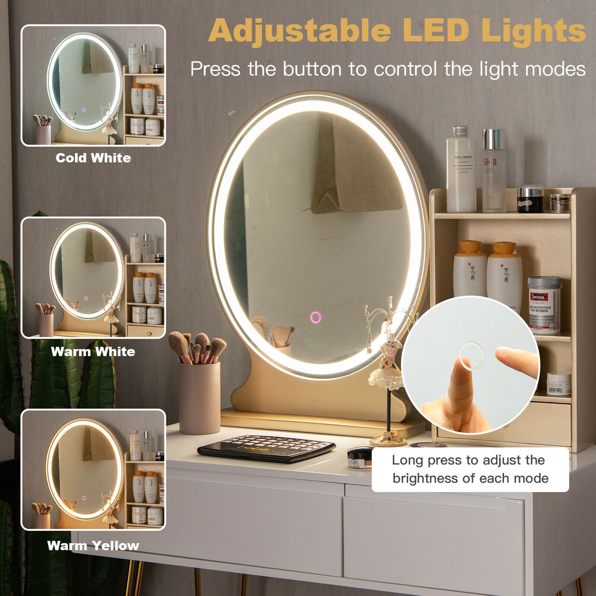 Costway Vanity Table Set Lighted Mirror Storage Drawer Shelf Cushion Stool