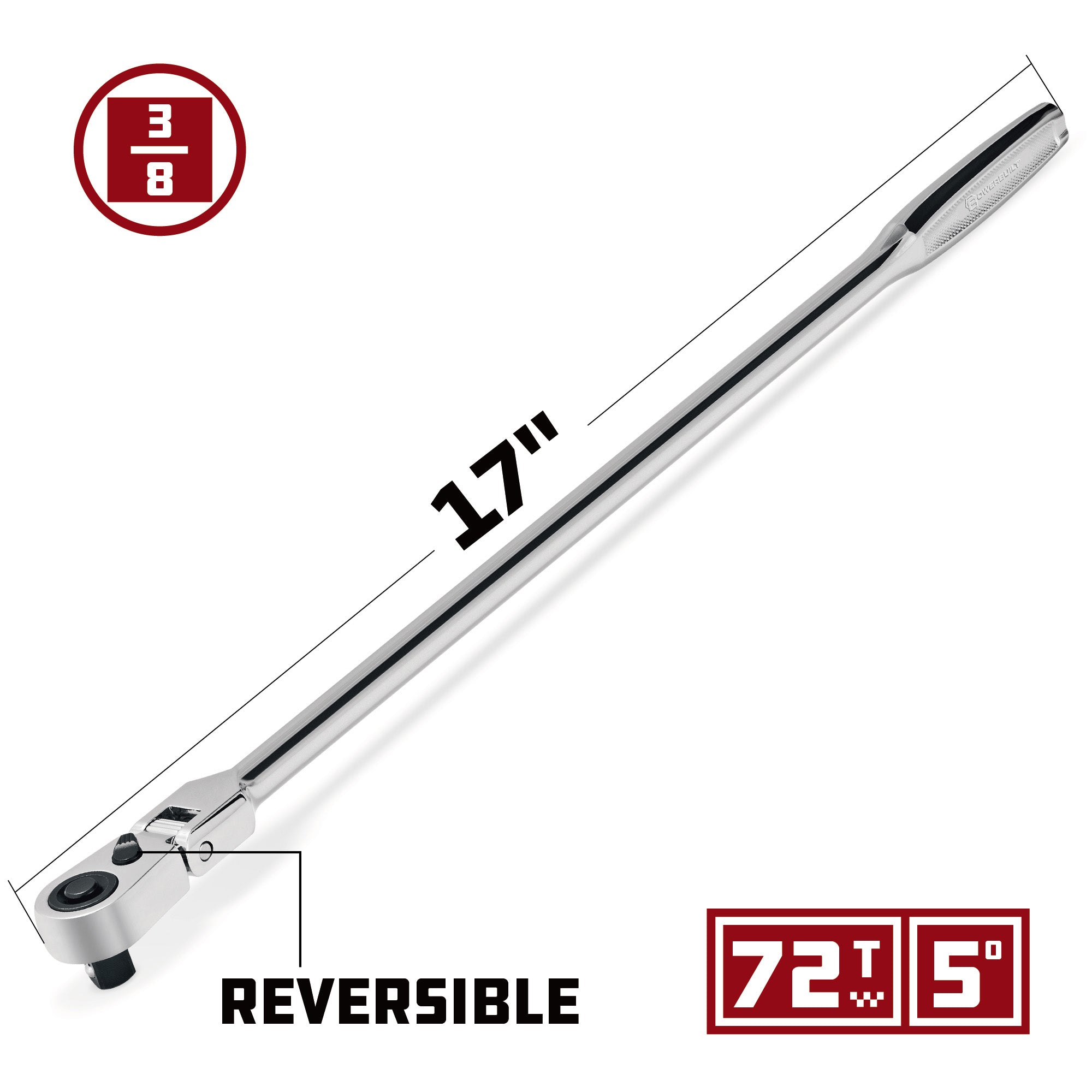 Powerbuilt 3/8 Inch Drive 72 Tooth Pro Tech 17 Inch Long Reach Flex Head Ratchet with Contour Handle - 649953