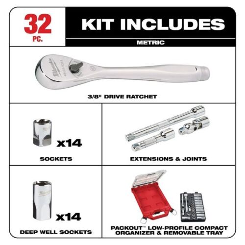 Milwaukee Drive Ratchet &a; Socket Set, Metric, 32 Pcs