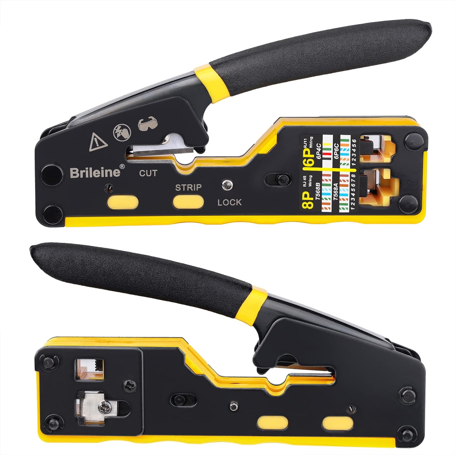 Brileine RJ45 Crimp Tool Pass Through Kit Ethernet Crimper Cat5 Cat5e Cat6 Crimping Tool for RJ11/12 6P/8P with Network Lan Cable Tester