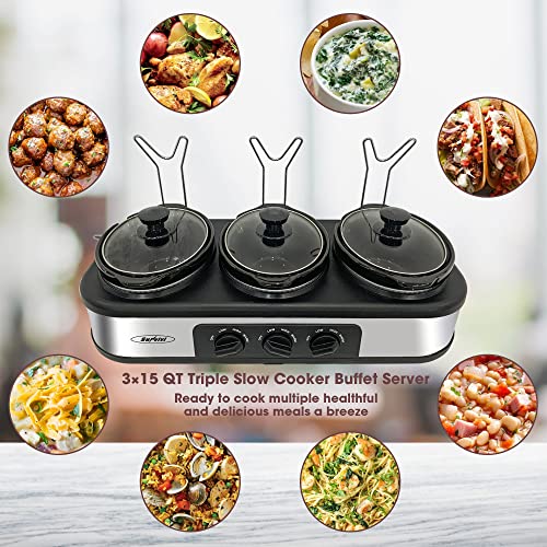 HEYNEMO Triple Slow Cooker with Non-Skid Feet, 3×1.5 QT Slow Cooker Buffet Server, 3 Pots Food Warmer Adjustable Temp Lid Rests Stainles