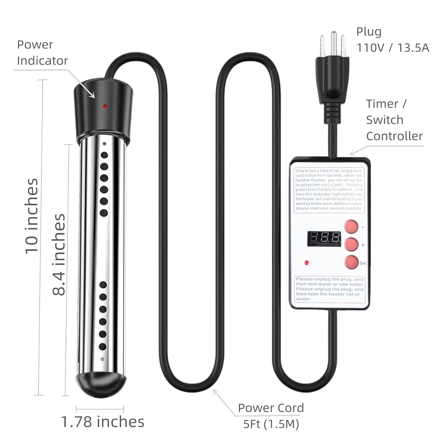 Generic 1500W Electric Immersion Water Heater for Bucket, Bathtub Heater with Timed Power Outage, Small Portable Heaters with 304 Stain