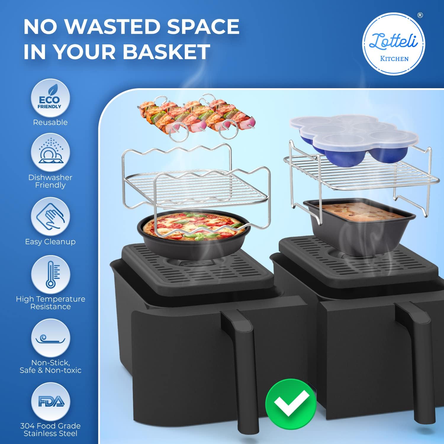Generic LOTTELI KITCHEN Air Fryer Accessories 6pcs Set for Dual Basket, Nonstick AirFryer Accessory With Cake Pan, Pizza Pan, Multi-Lay