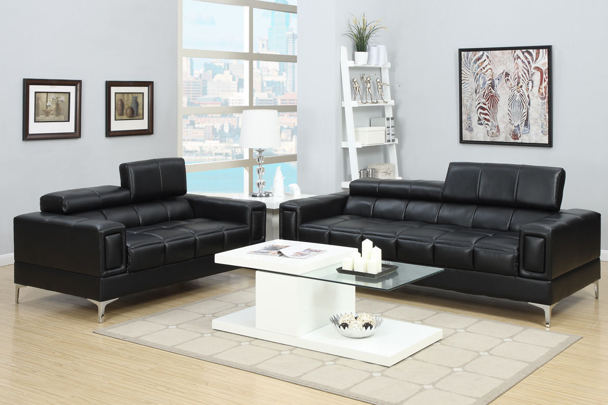 Esofastore Living Room Furniture Bobkona Sofa Set Sofa And Loveseat Black Color Faux Leather Cushion Couch