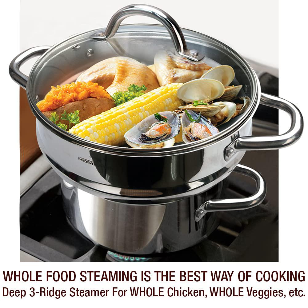 homichef 3 pcs whole food steamer set - nickel free stainless steel veggie steamer pot (9.5