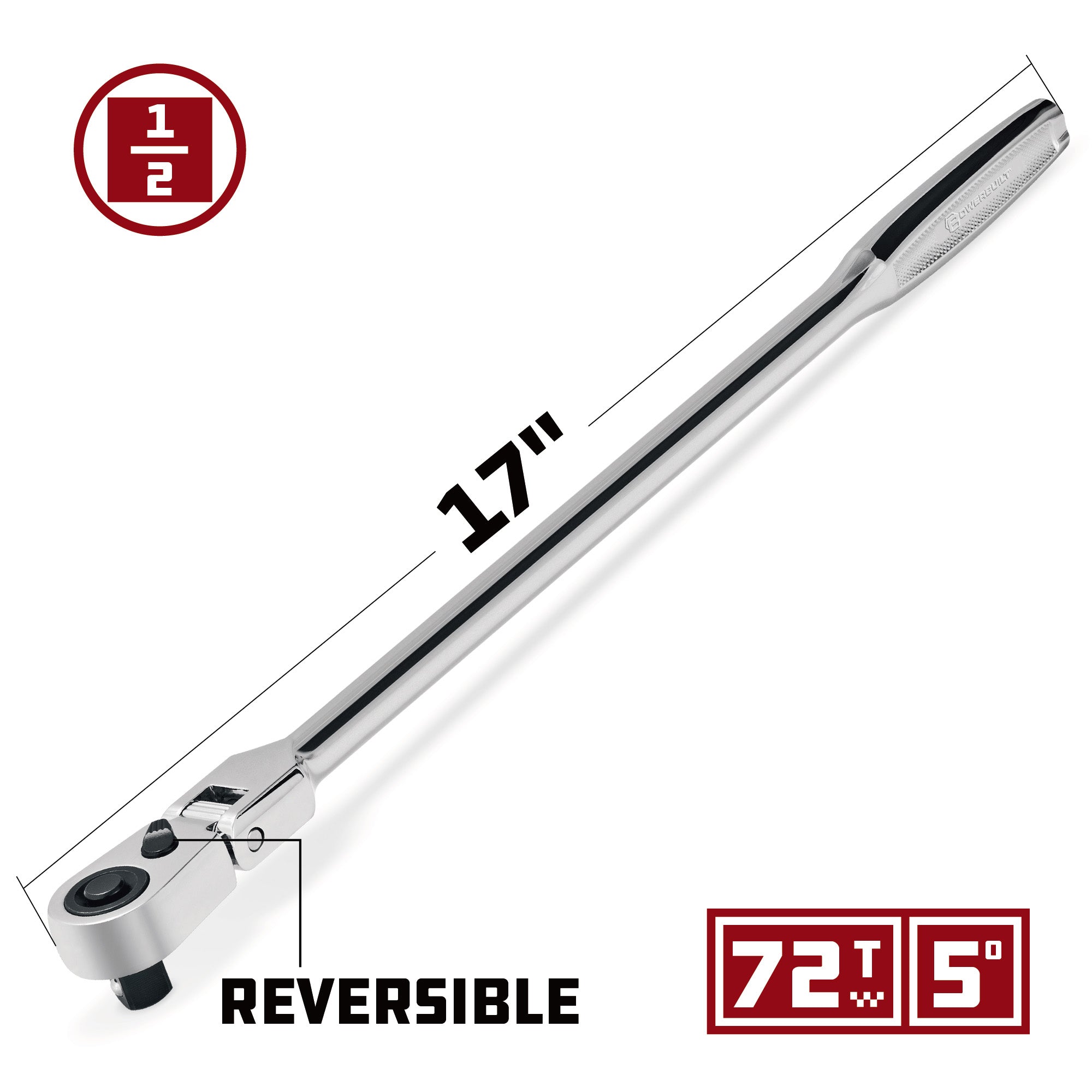 Powerbuilt 1/2 Inch Drive 72 Tooth Pro Tech 17 Inch Long Reach Flex Head Ratchet with Contour Handle - 649955