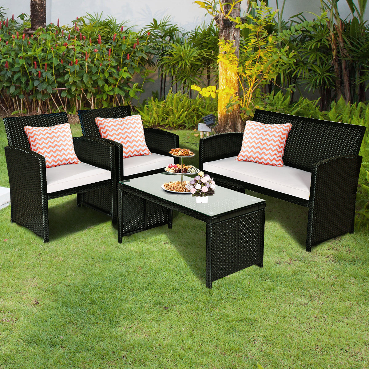 Topbuy Patiojoy 4 Piece Outdoor Patio Rattan Furniture Set Black Wicker Cushioned Seat For Garden, porch, Lawn