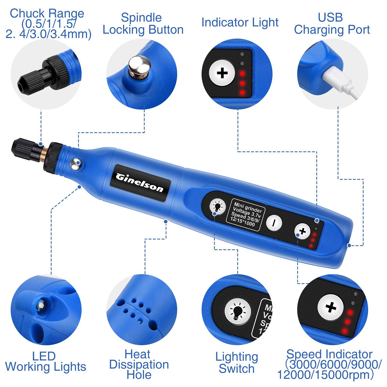 ginelson cordless rotary tool, 3.7v li-ion mini rotary accessory kit with led light, 5-speed and usb charging power tool with