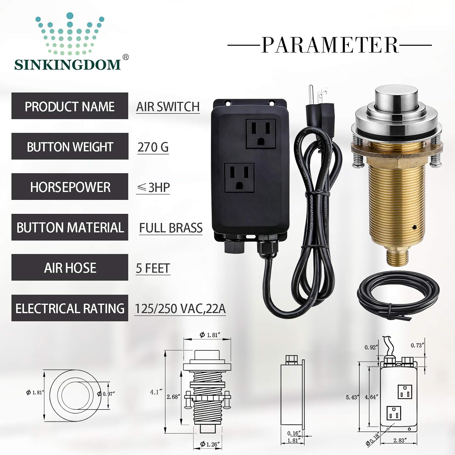 SINKINGDOM SinkTop Air Switch Kit (Long Full Brass Button) for Disposal, Dual Outlet, (Brushed Nickel)