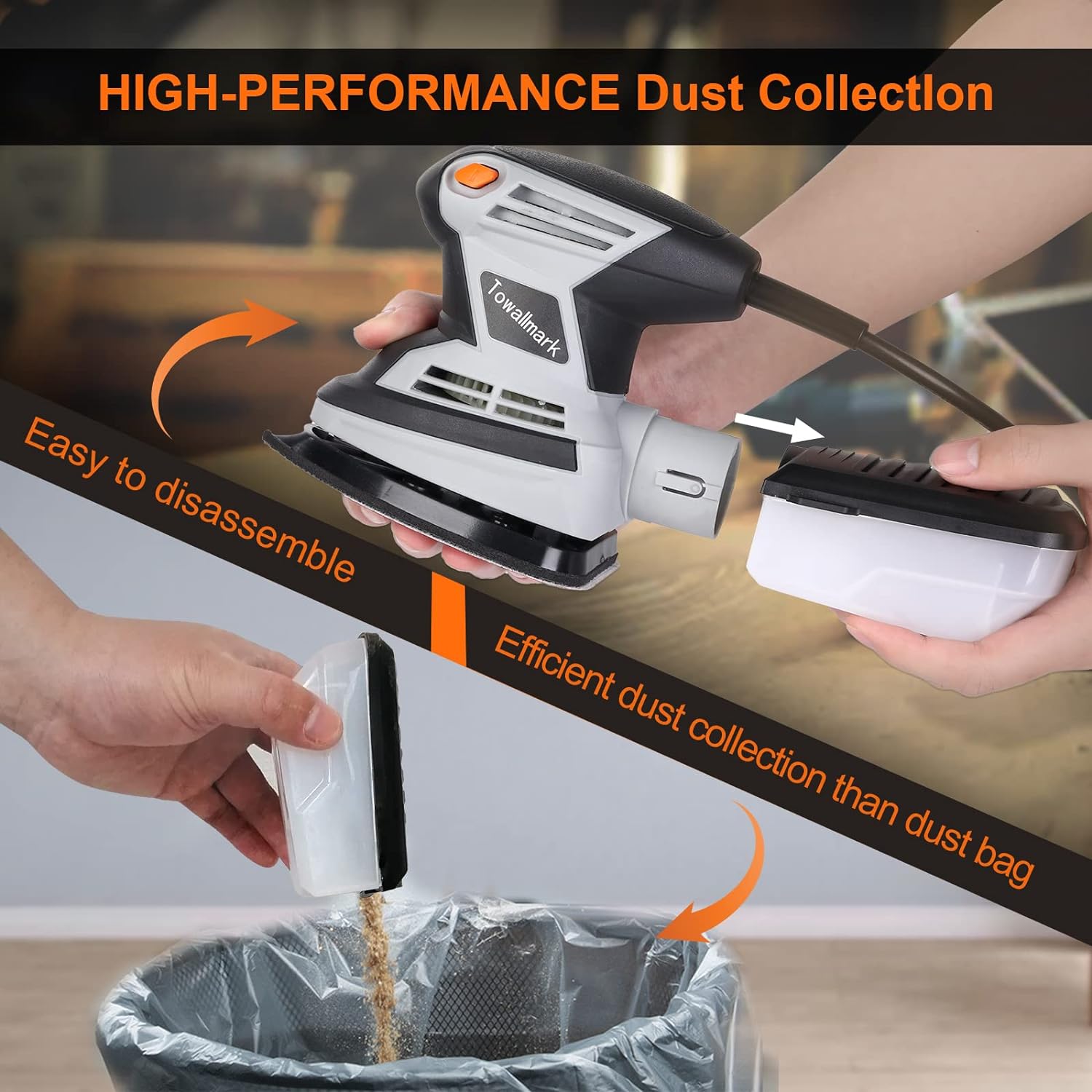 towallmark Detail Sander  15,000 OPM Compact Electric Sander with 12Pcs Sandpapers,Efficient Dust Collection System, Multi-Function Hand S