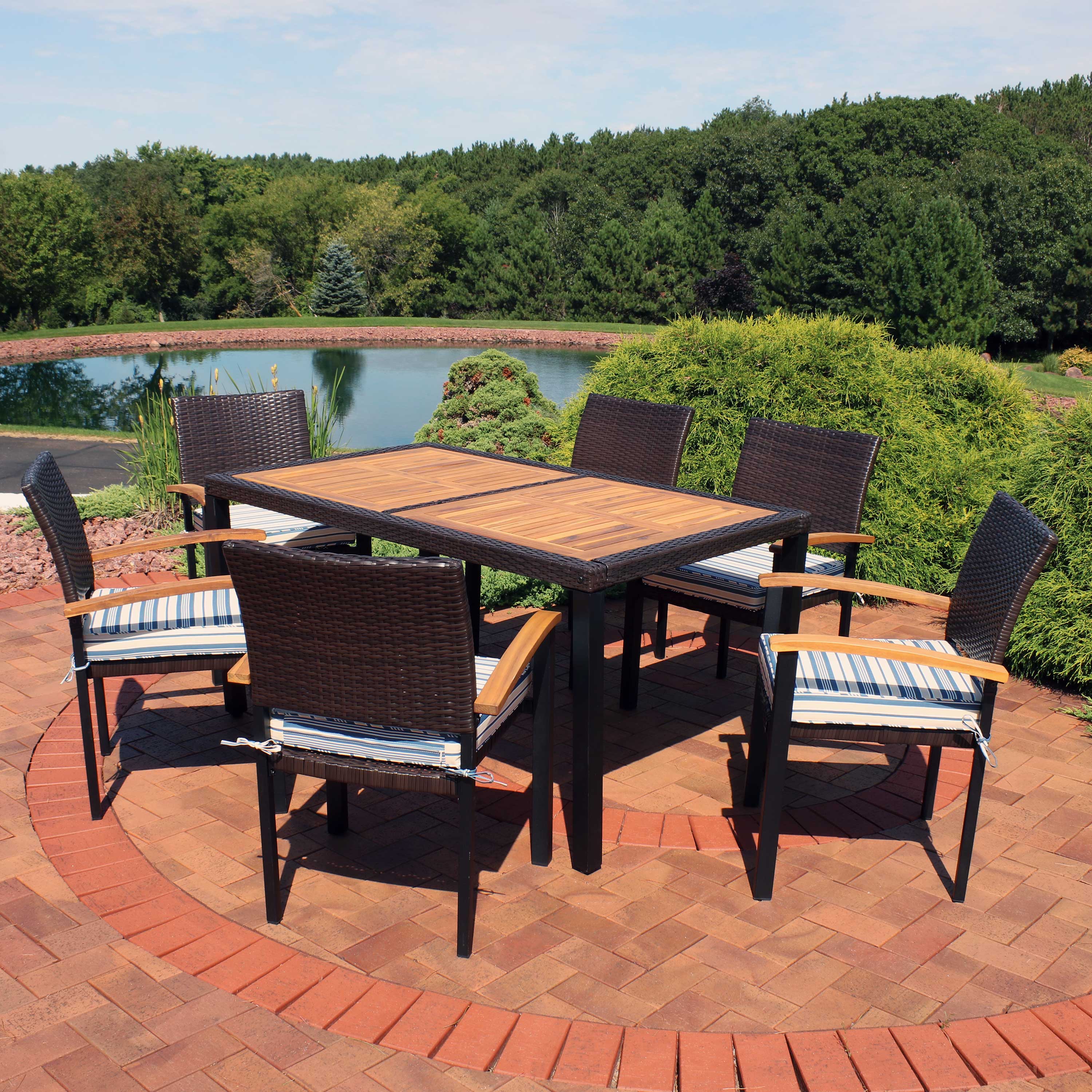Sunnydaze Decor Carlow 7-Piece Rattan and Acacia Patio Dining Set - Dark Brown/Blue Stripe