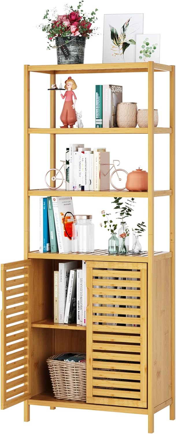 Hifit Bathroom Storage Cabinet, 67&a;#226;&a;#128;&a;#157; Tall Bamboo Floor Cabinet with Doors and Shelves, Bathroom Cabinet F