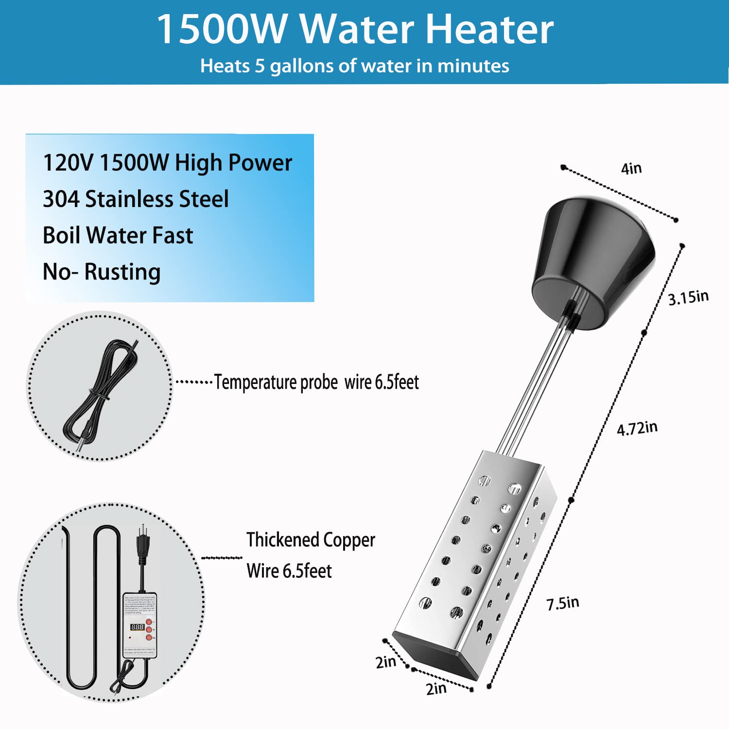Generic IYUNP Immersion Water Heater with Thermostat - 1500W Floating Bucket Heater with Timing Temperature Control Setting Auto Shut-O
