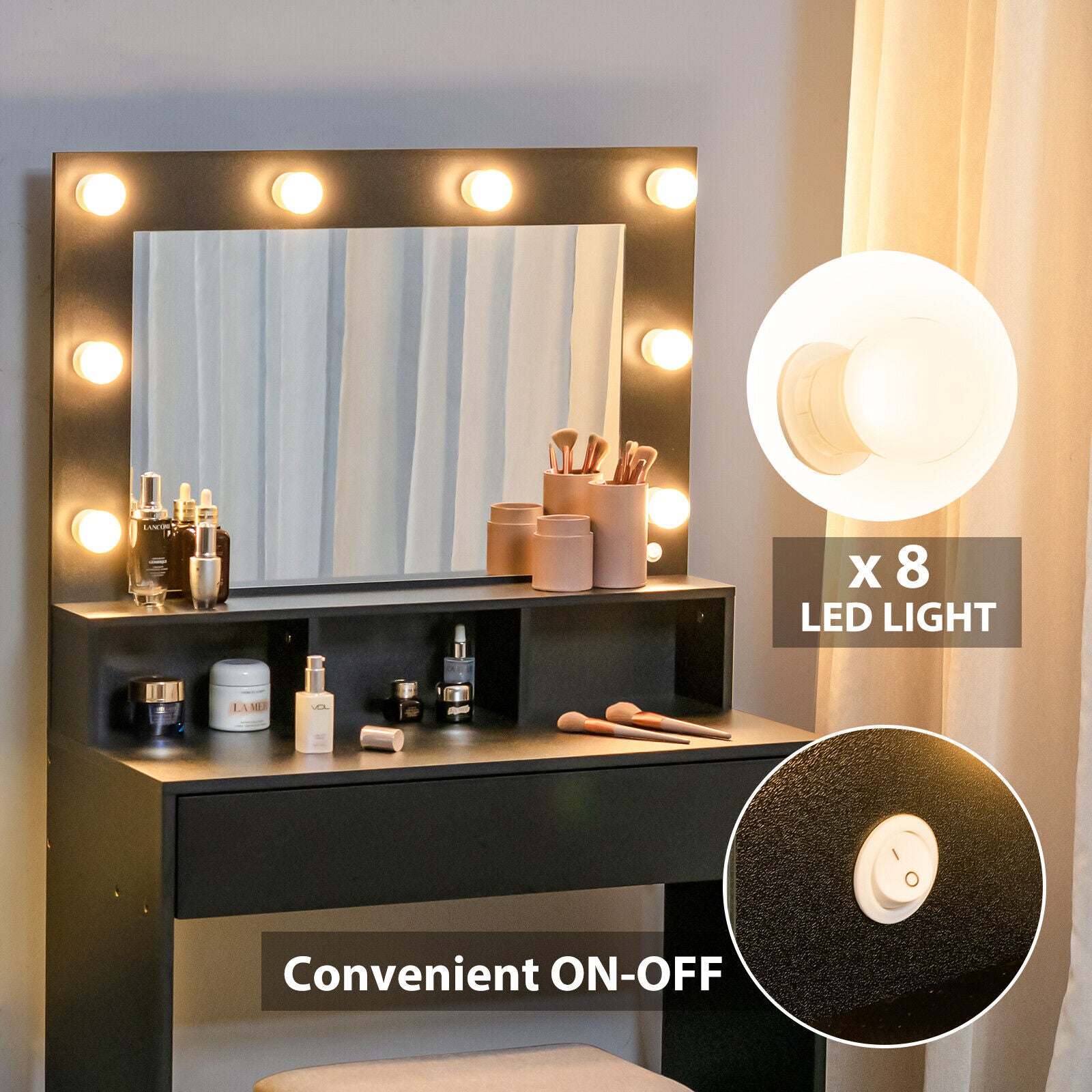 Great Choice Products Vanity Table Set W/Lighted Mirror 8 Led Bulbs Large Drawer Cushion Stool