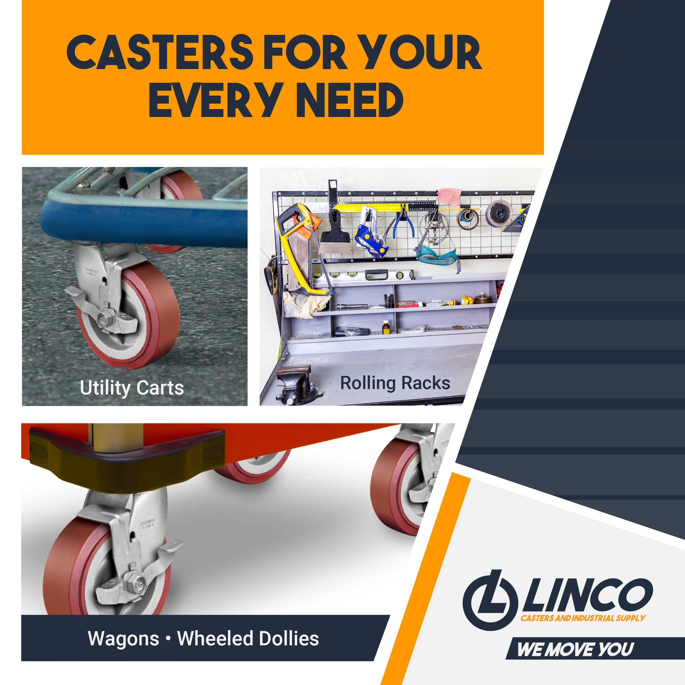 LINCO 6” Heavy Duty Casters - Set of 4 Polyurethane Swivel Caster Wheels, Industrial Casters for Utility Cart, Dollies - Capacit