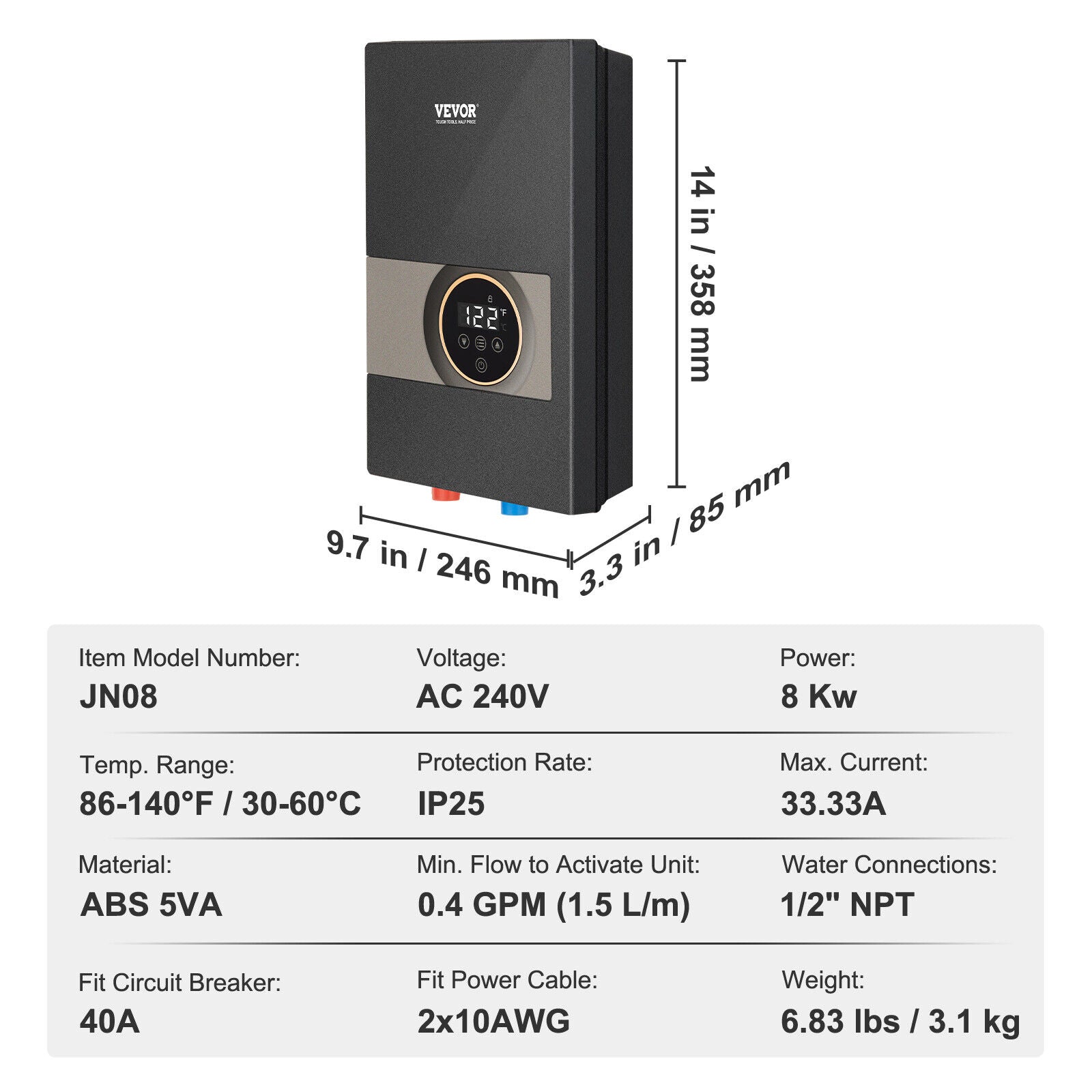 GCP Products 8Kw Instant Hot Tankless Water Heater Electric Boiler For Shower Bathroom