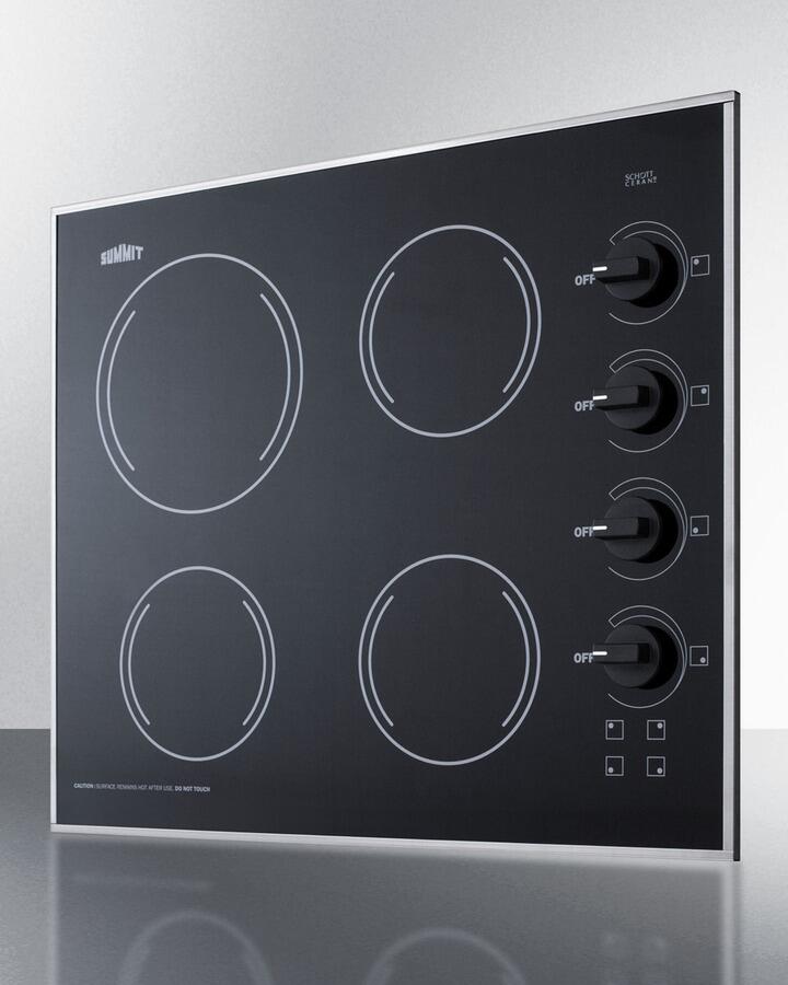 Summit CR425BL 24 Electric Cooktop with 4 Elements  Schott Ceran Surface  Push to Turn Knobs  Stainless Steel Trim  230 Volt Ope