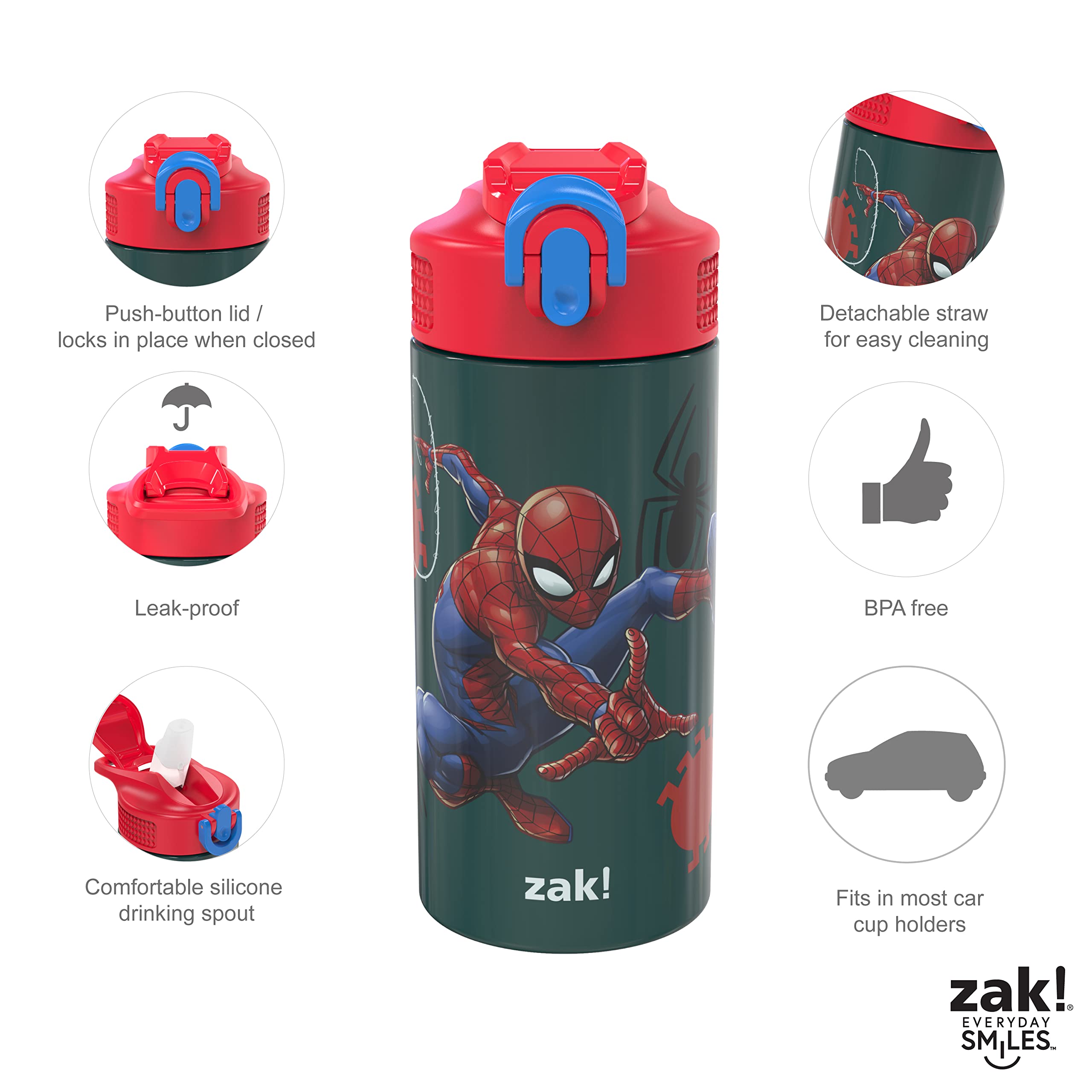 Zak! Designs zak! Marvel Spider-Man - Stainless Steel Vacuum Insulated Water Bottle - 14 oz - Durable &a; Leak Proof - Flip-Up Straw Spout &a; Bu