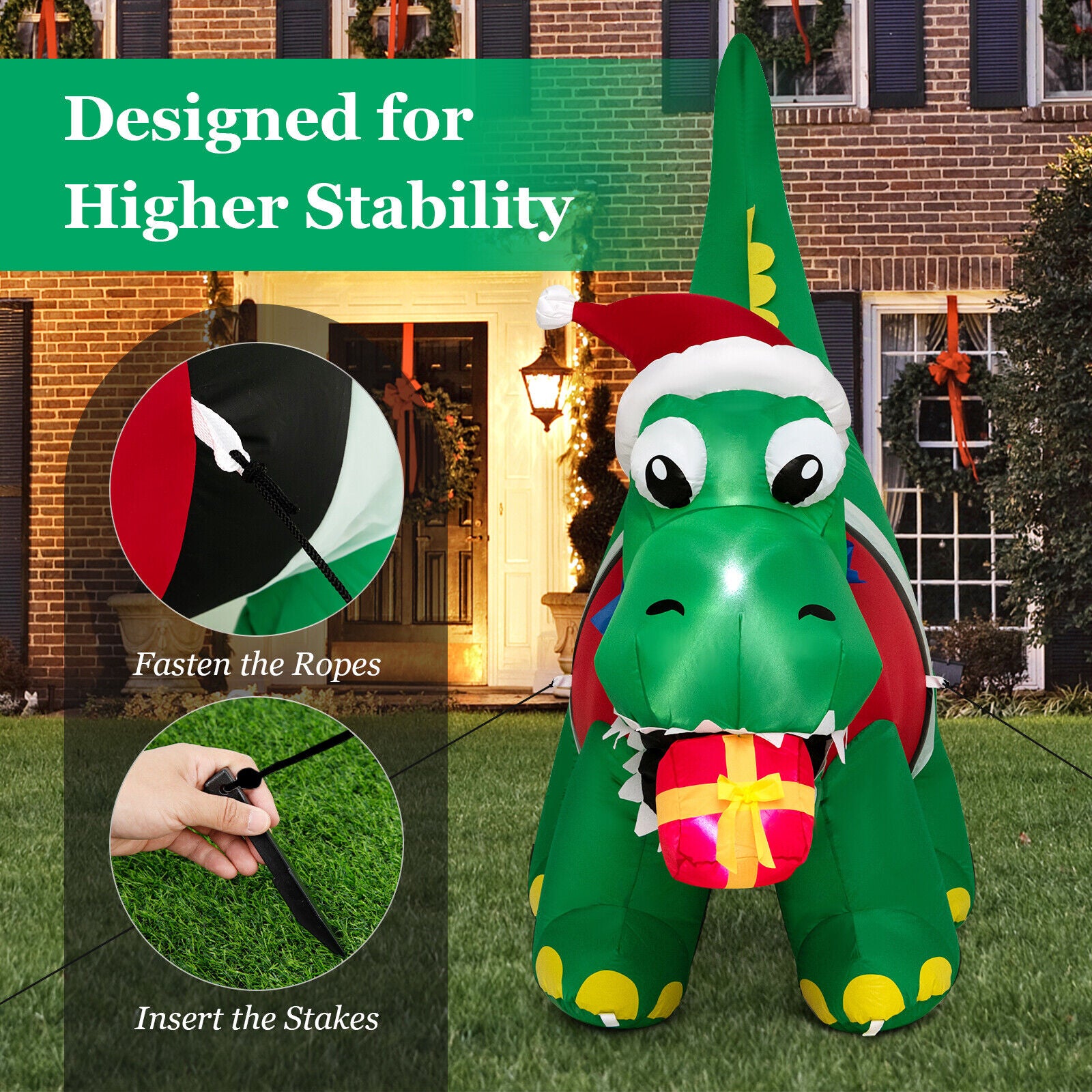 Great Choice Products 6&s; Inflatable Christmas Dinosaur W/ Led Lights Gift Box &a; Blower Party Yard