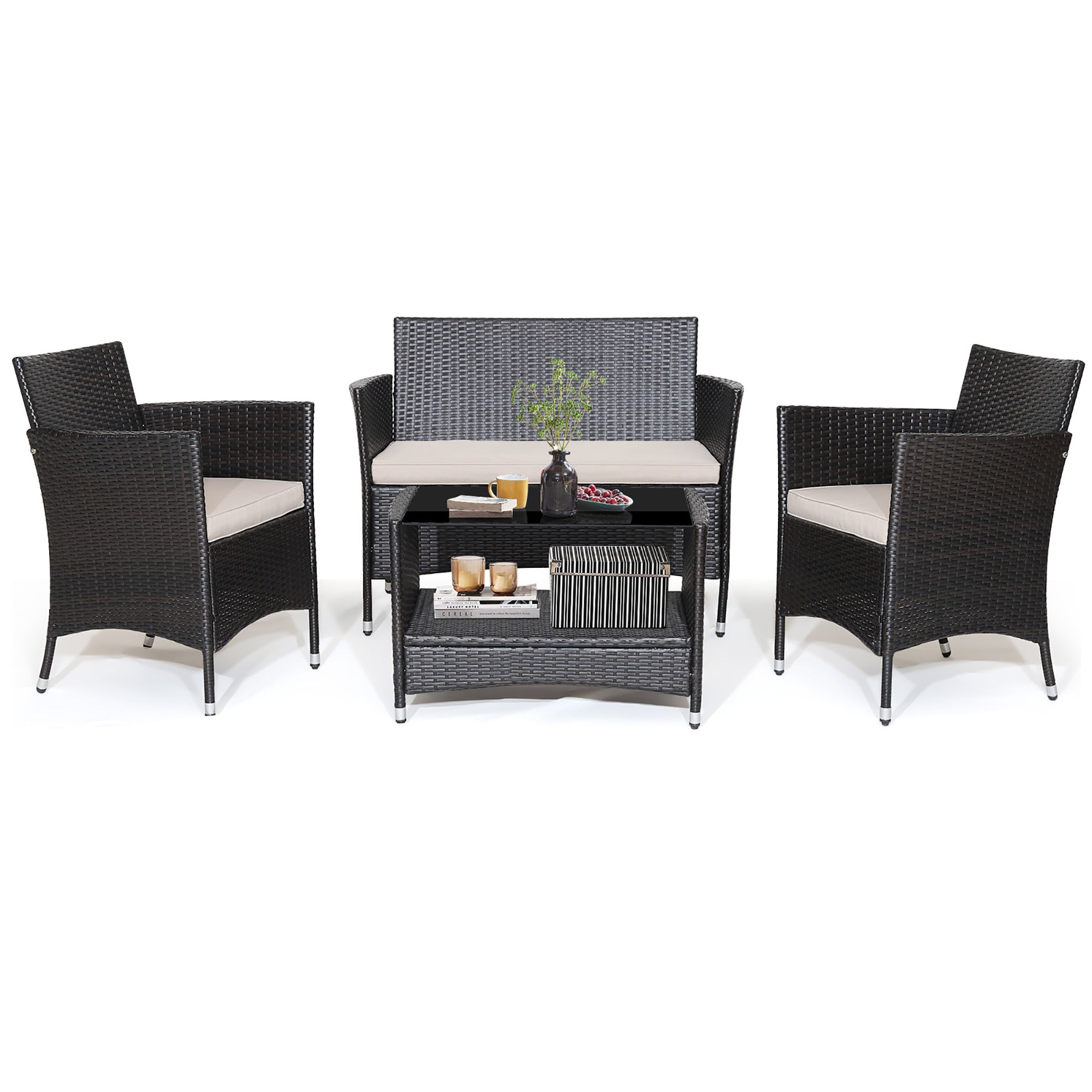Costway 4PCS Patio Rattan Furniture Set Armrest Cushion Sofa Coffee Table withShelf Garden