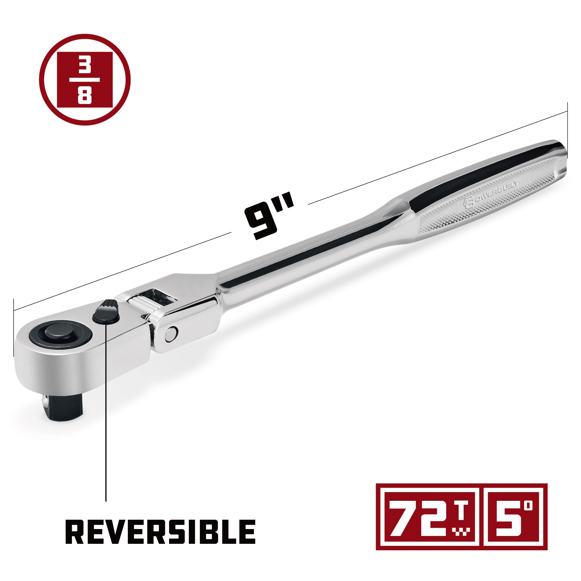Powerbuilt 3/8 Inch Drive 72 Tooth Pro Tech 9 Inch Long Reach Flex Head Ratchet with Contour Handle - 649952