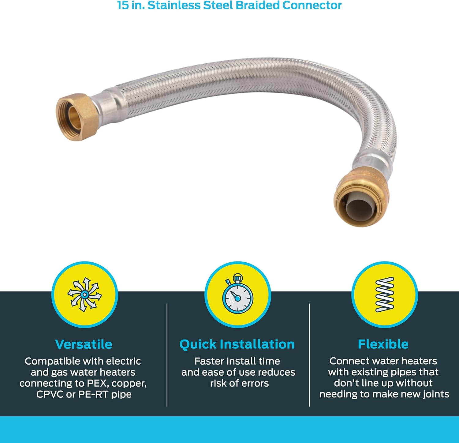 Cash Acme SharkBite 3/4 Inch x 3/4 Inch FIP x 15 Inch Stainless Steel Braided Flexible Water Heater Connector, Push To Connect Brass Plum