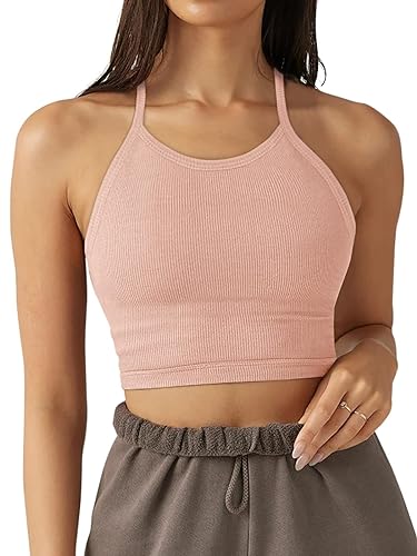 LASLULU Workout Sports Bra for Women cropped Tank Tops going Out Tops Halter crop Tops cami Bra Athletic Tops(Pink X-Large)