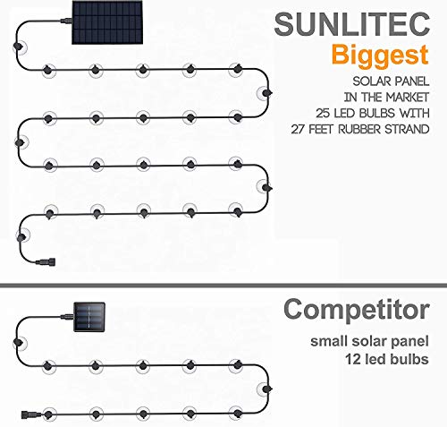 Sunlitec Solar String Lights Waterproof LED Indoor/Outdoor Hanging Umbrella Lights with 25 Bulbs - 27 Ft Patio Lights for Deckya