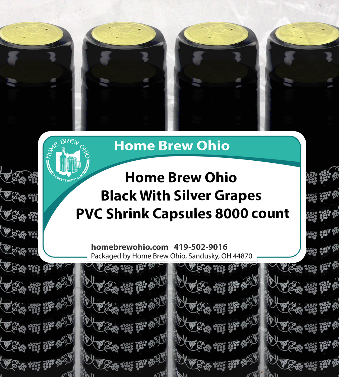 HOME BREW OHIO HOMEBREWOHIO.COM Home Brew Ohio Black With Silver Grapes PVC Shrink Capsules 8000 count