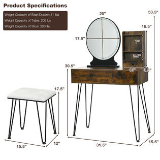 Gymax Vanity Table Set Lighted Mirror Storage Drawer Shelf Cushion Stool Rustic Brown