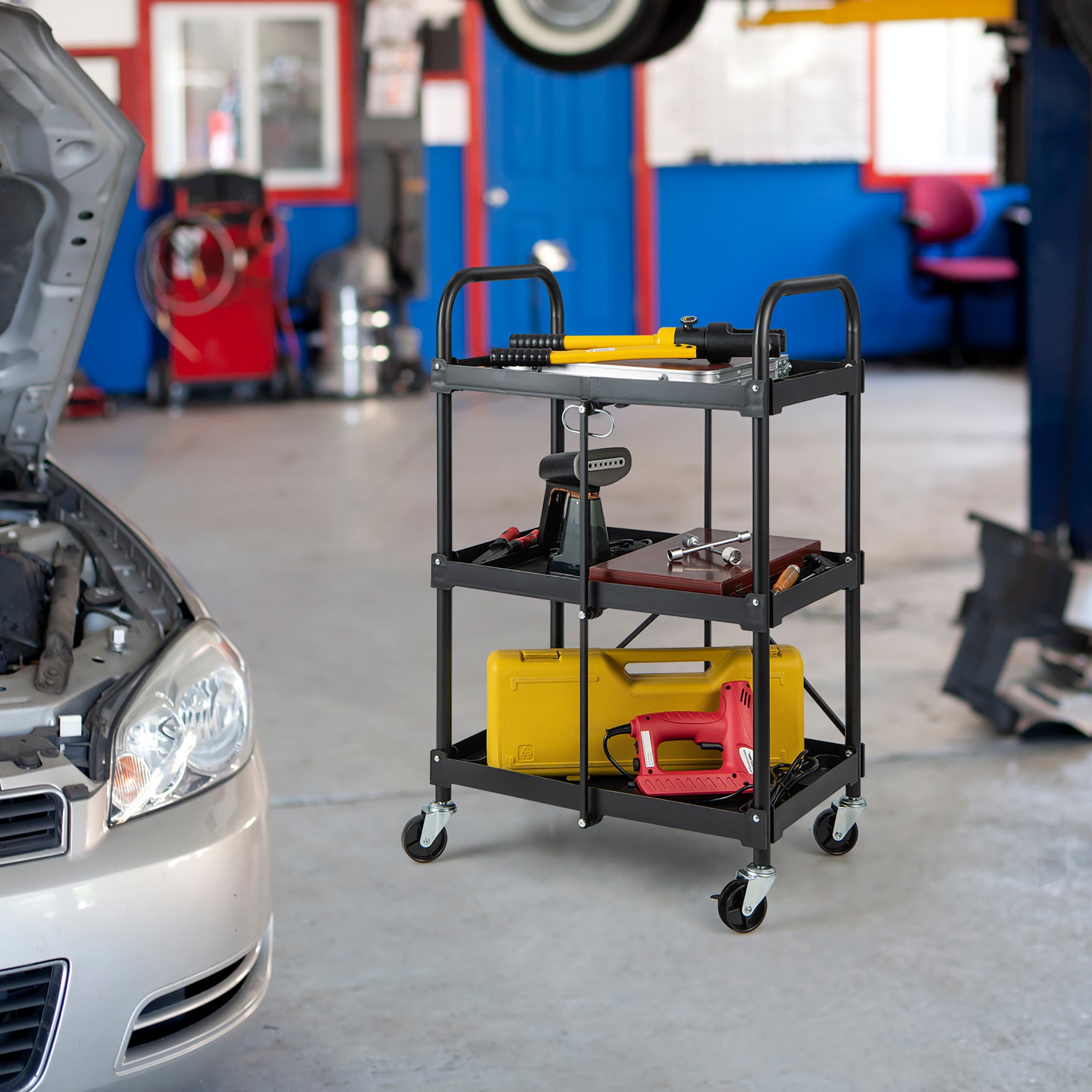 Costway Folding Collapsible Service Cart Heavy-Duty 3-Shelf Tool Cart with 4 Wheels