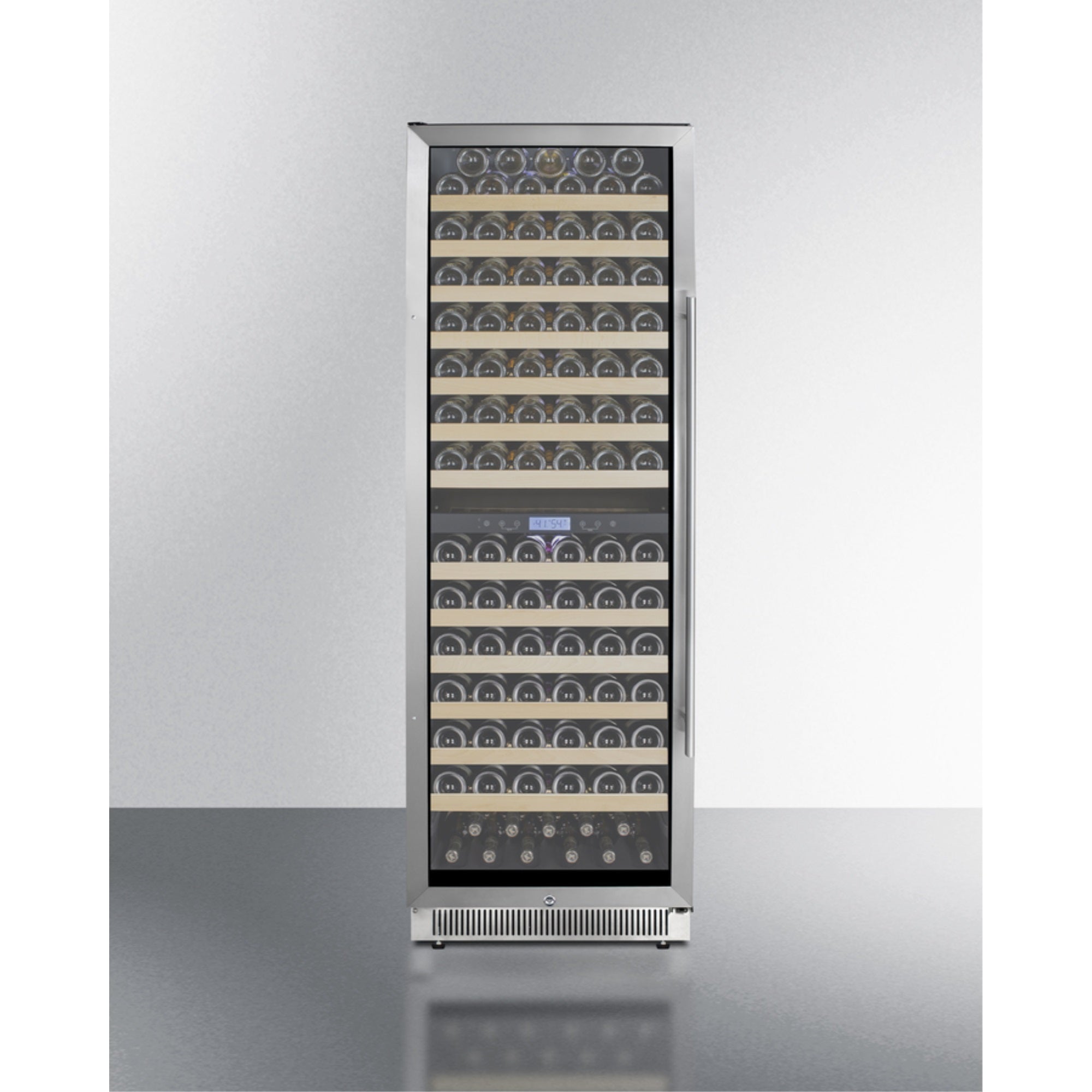 Summit Upright dual zone wine cellar with glass door, digital thermostat, and black cabinet