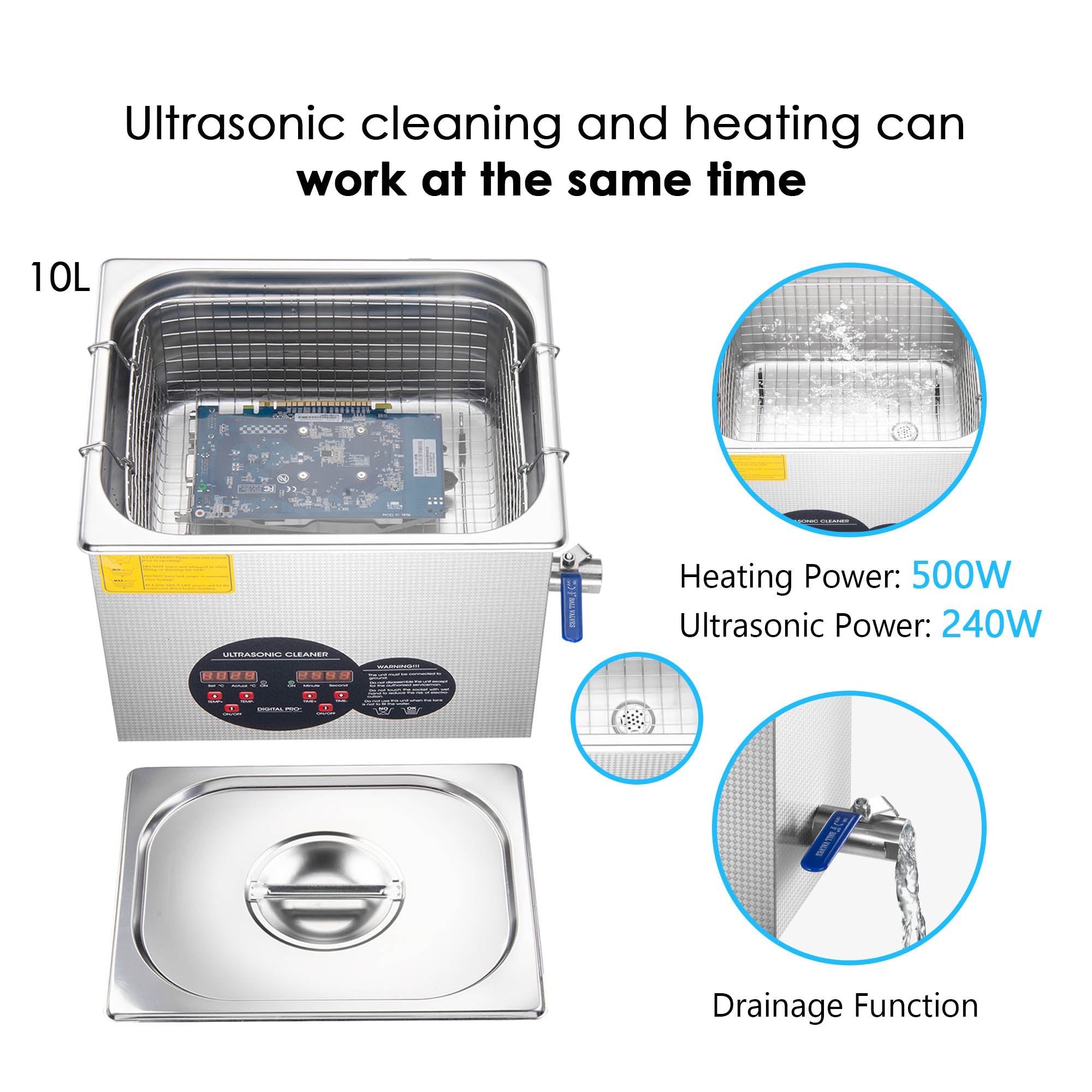 Yescom 10 Liter Stainless Steel Ultrasonic Cleaner Heater Timer Bracket Jewelry Lab Glasses