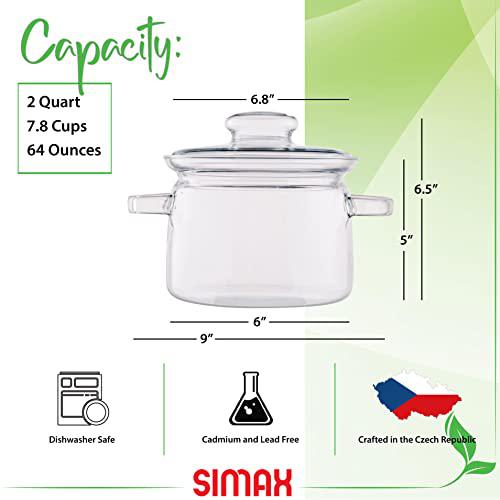 simax glass cookware, 64 oz (2 quart) clear glass pot, glass saucepan, potpourri simmer pot with lid, easy grip handles, made