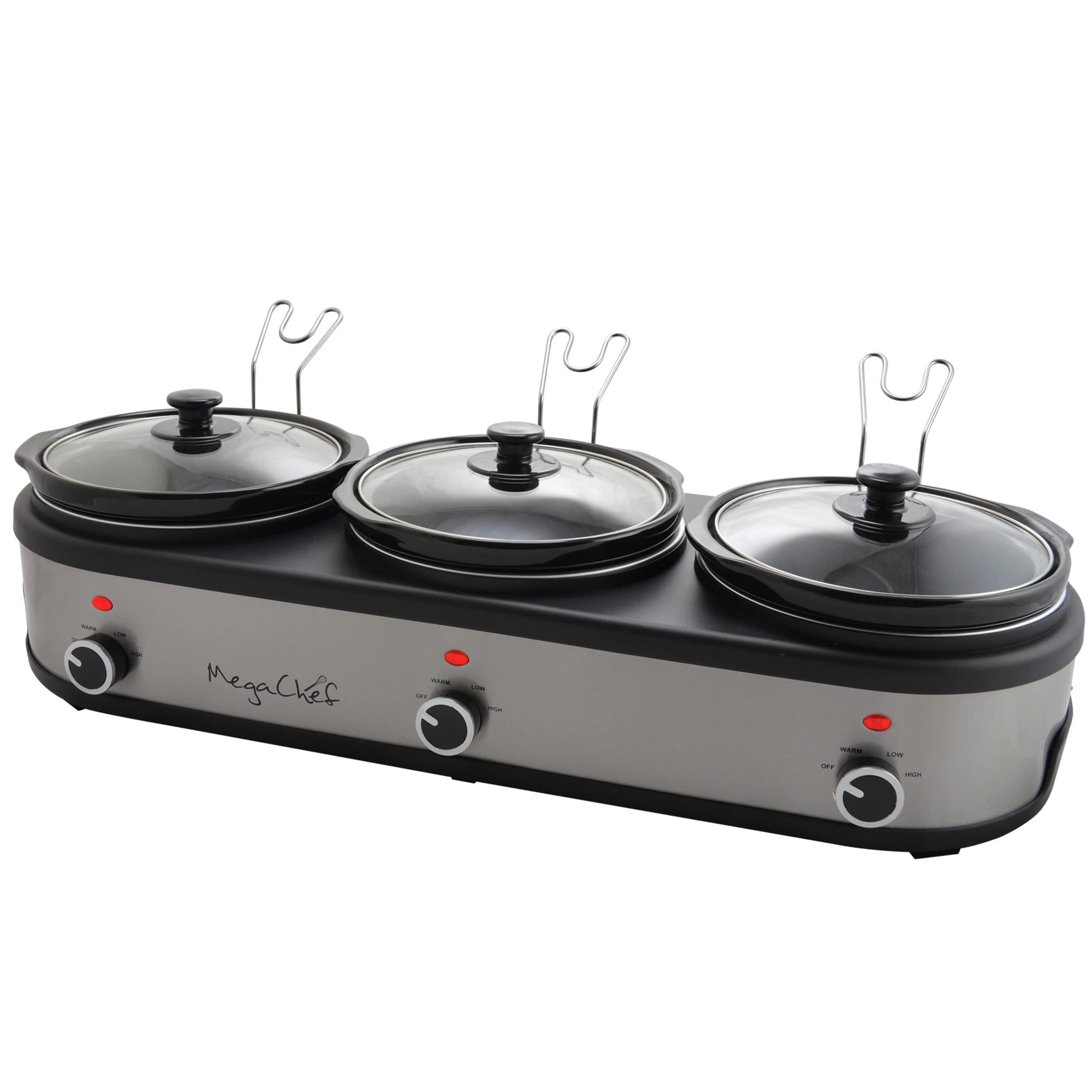 megachef warmer elite 2.5 quart slow cooker and buffet server in brushed silver and black finish with 3 ceramic cooking pots