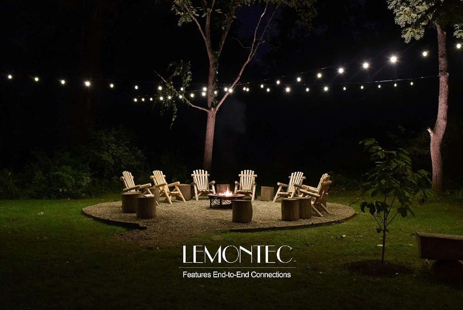 Lemontec Commercial Grade Outdoor String Lights with 15 Hanging Sockets - 48 Ft Black Weatherproof Cord Weatherproof Strand for Patio Ga