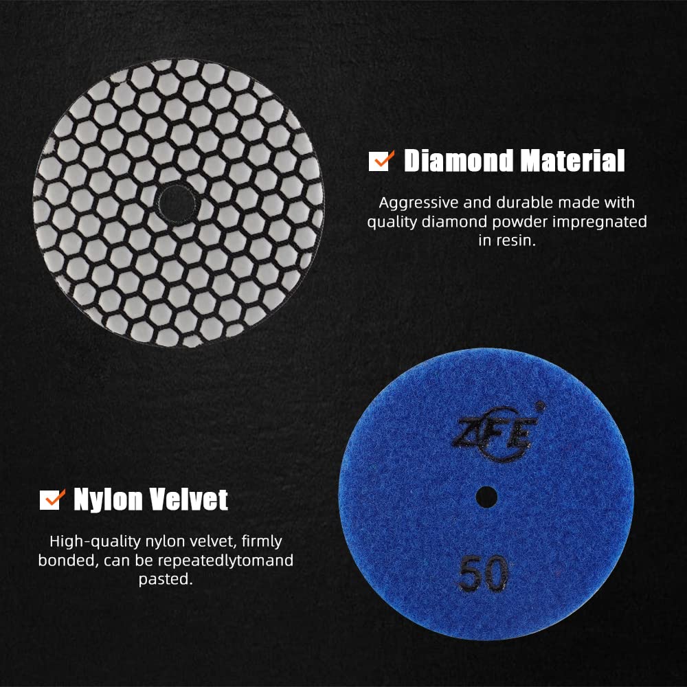 Generic Diamond Polishing Pads, ZFE 9Pcs 4 Inch 100mm Dry Polishing Pads Set with Backing Plate for Granite Concrete Marble Quartz Ston