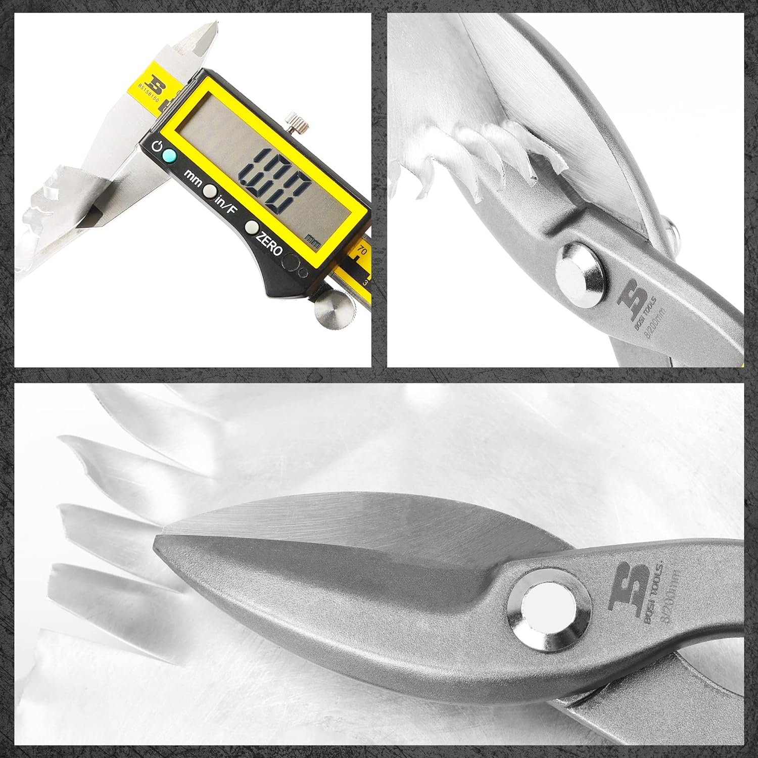 B BOSI TOOLS 8 Inch Straight Pattern Tin Snips Metal Cutters, High Strength Forged and Heat Treated Carbon Steel with Comfortable Black Rubb