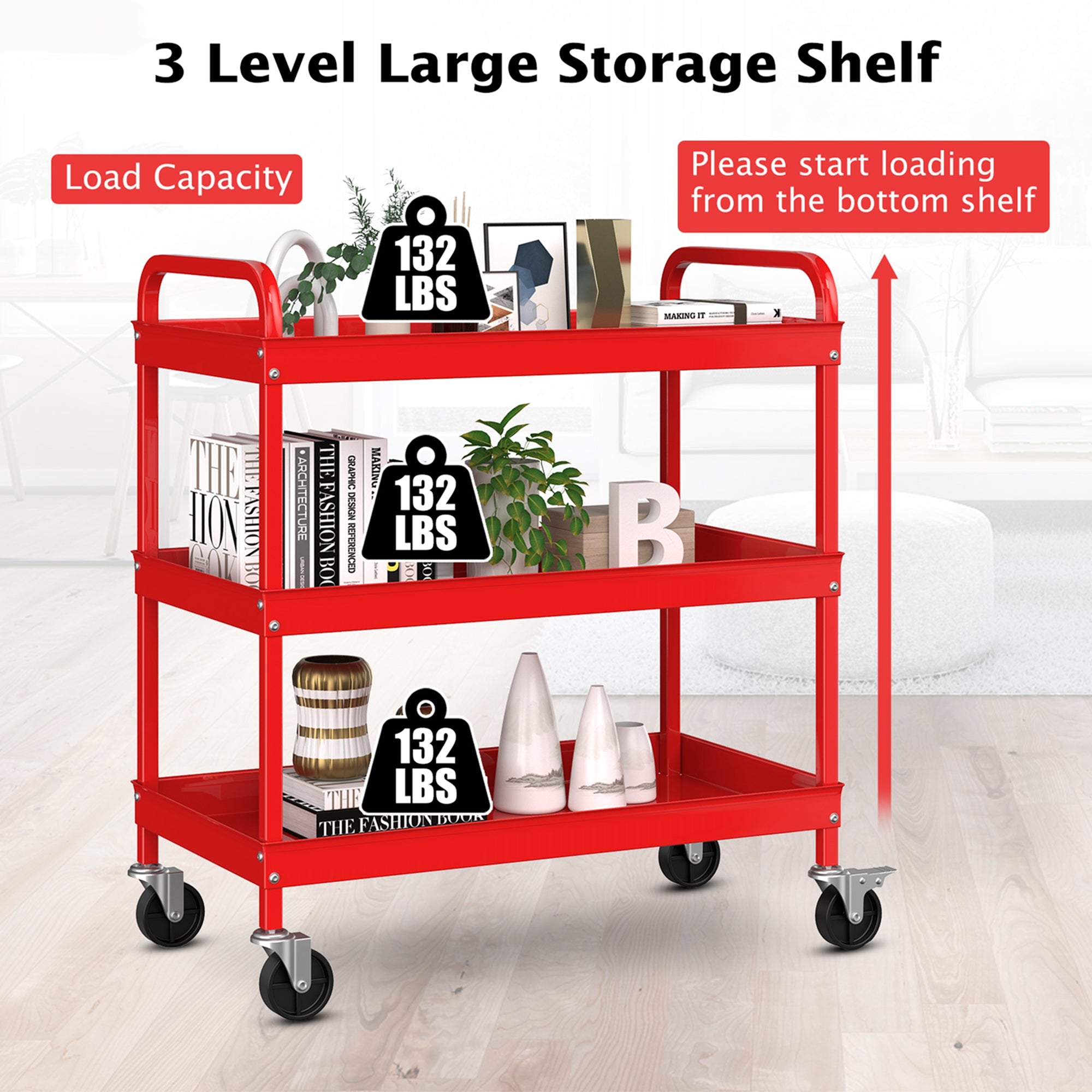 Costway 3-Tier Metal Utility Cart 400 lbs Storage Service Trolley Tool Storage Red