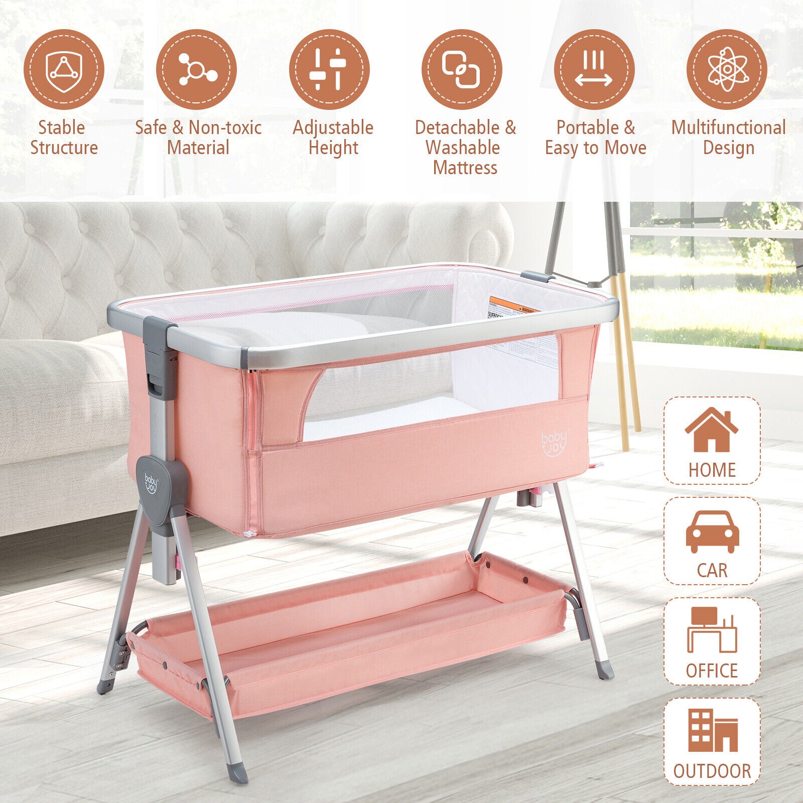 Great Choice Products Baby Bed Side Crib Portable Adjustable Infant Travel Sleeper Bassinet Pink