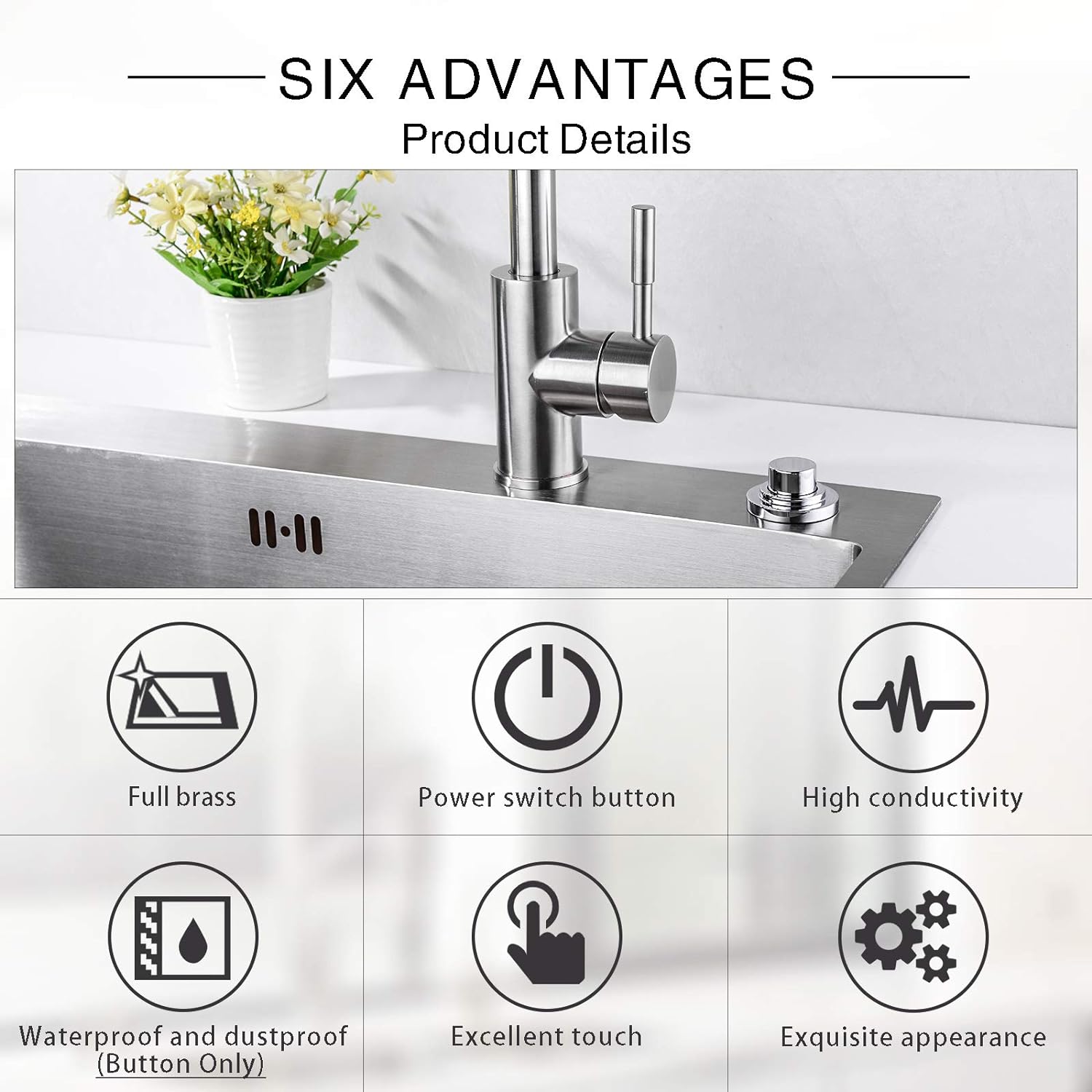 SINKINGDOM SinkTop Air Switch Kit (Long Full Brass Button) for Garbage Disposal, Cordless (Chrome)