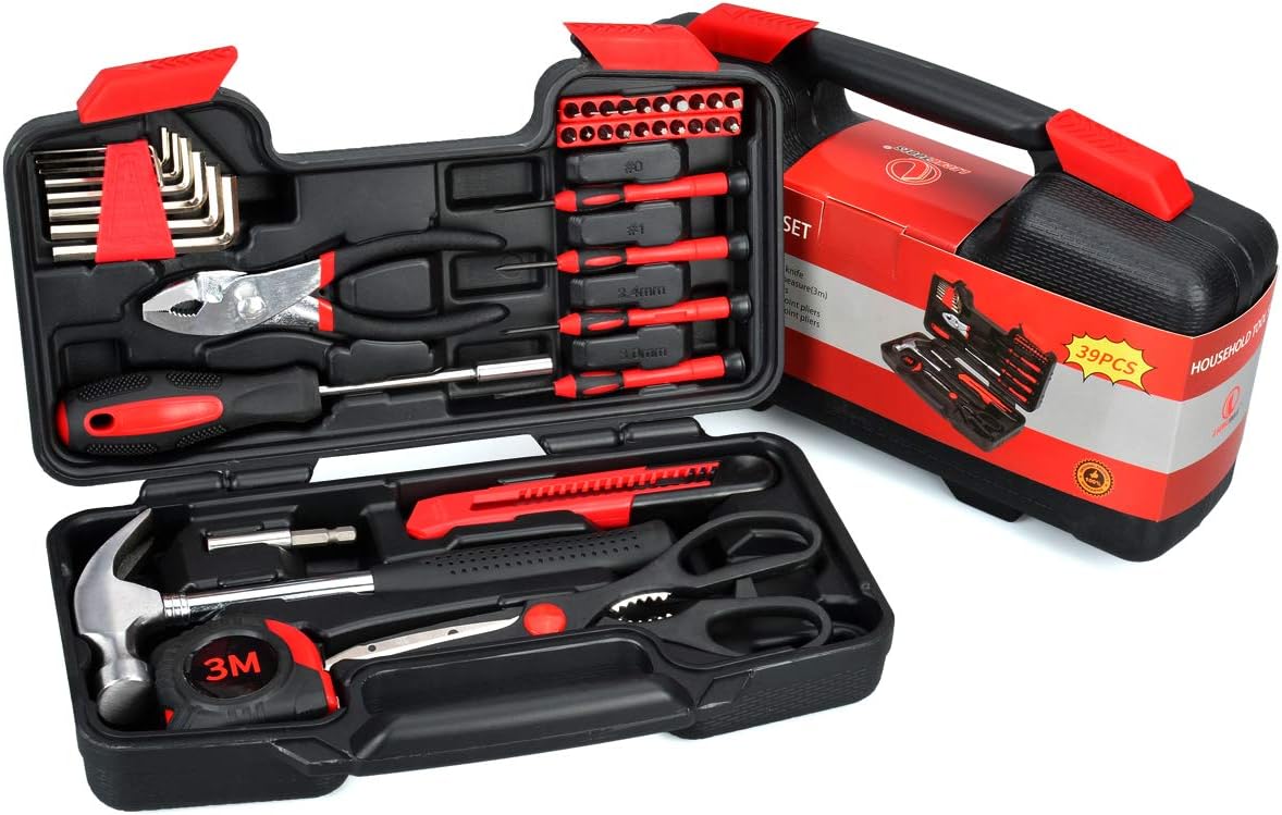 Longhai wujin 39 Piece Tool Box Kit - Small Basic Home Tool Set with Plastic Toolbox - Great for College Students, Household Use