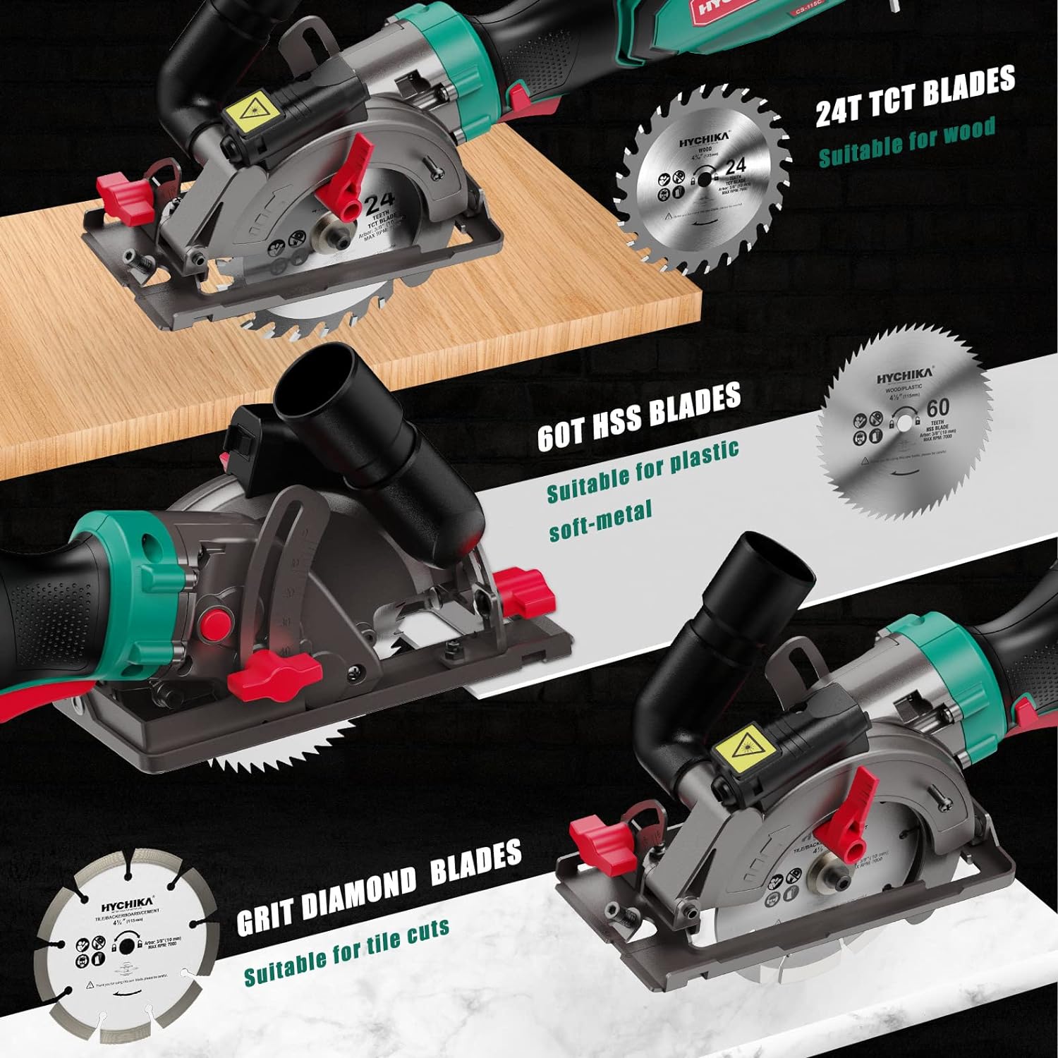 HYCHIKA Circular Saw, HYCHIKA 6.2A Electric Mini Circular Saw, Laser Guide, 6 Blades (4-1/2”), Max Cutting Depth 1-11/16&s;&s; (90°)
