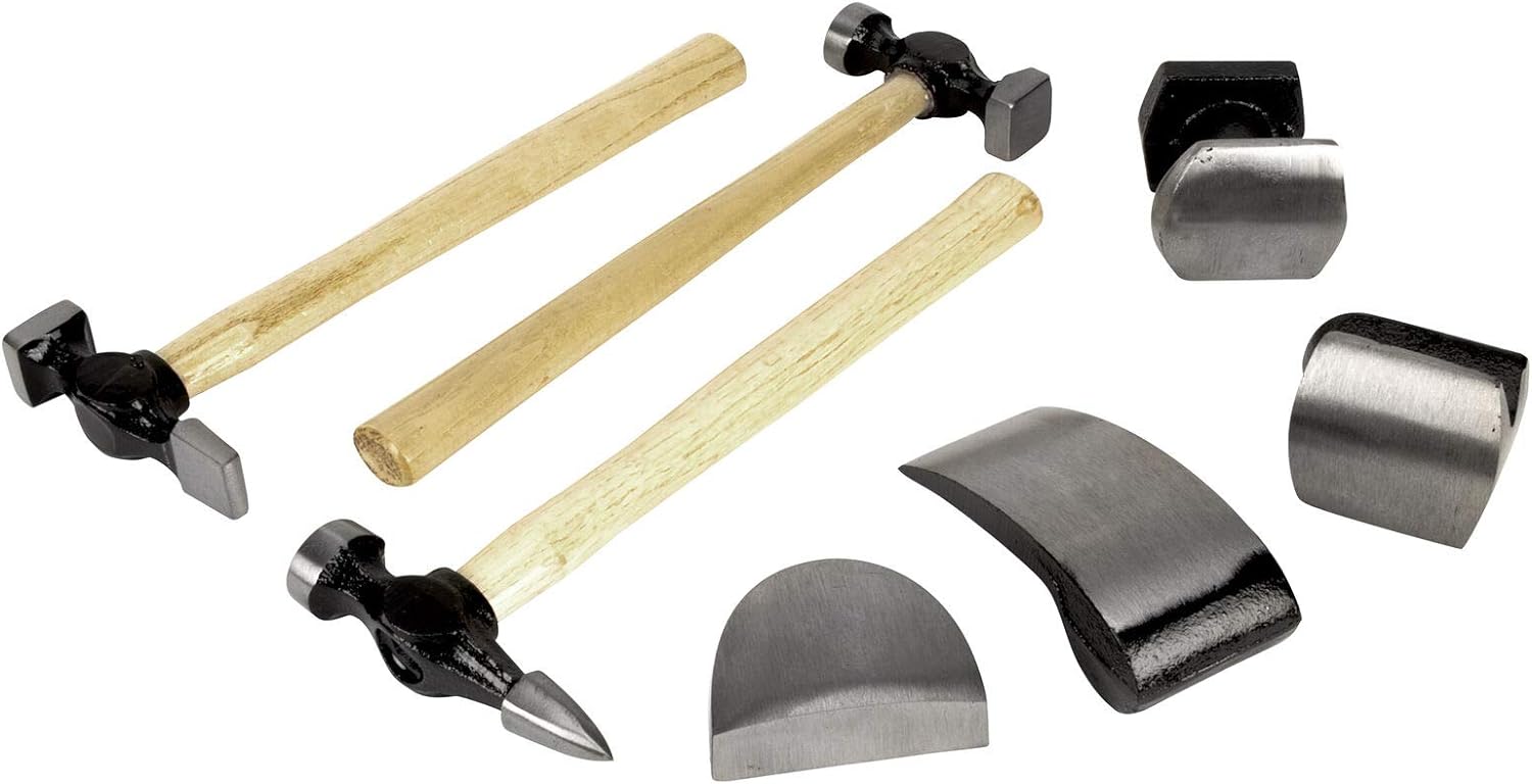 Performance Tool W1007DB 7-Piece Auto Body Repair Kit with Carbon Steel Hammer Heads and Dollies on Wood Handles