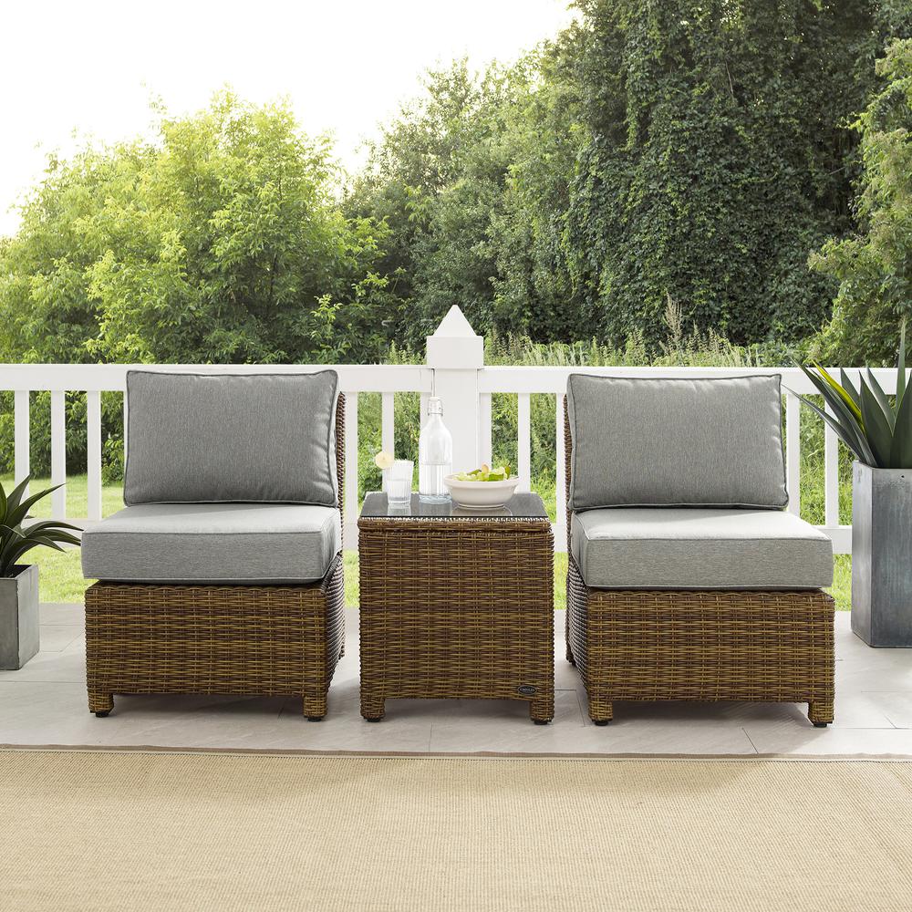 Crosley Brands Bradenton 3Pc Outdoor Wicker Chair Set Gray/ Weathered Brown - Side Table &a; 2 Armless Chairs